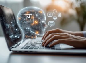Person uses laptop interacting with AI virtual assistant. AI head graphic overlay laptop keyboard. Concept of AI prompt engineering LLM. Person types on keyboard to communicate with virtual