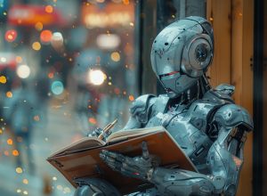 Cyborg reading book, cyborg with pen, futuristic concept. Bokeh lights create unique effect. Robot writer, intelligent machine in city. AI learning, future tech.
